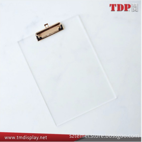 Factory custom Clear Restaurant Acrylic Menu Clip Board clamps with golden clip